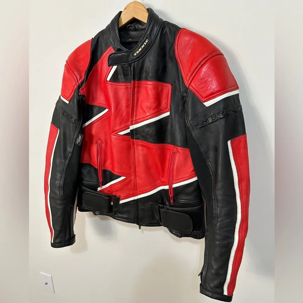 Red & Black Zigzag Lightening Strike Genuine Leather Motorcycle Jacket - Picture 4 of 12